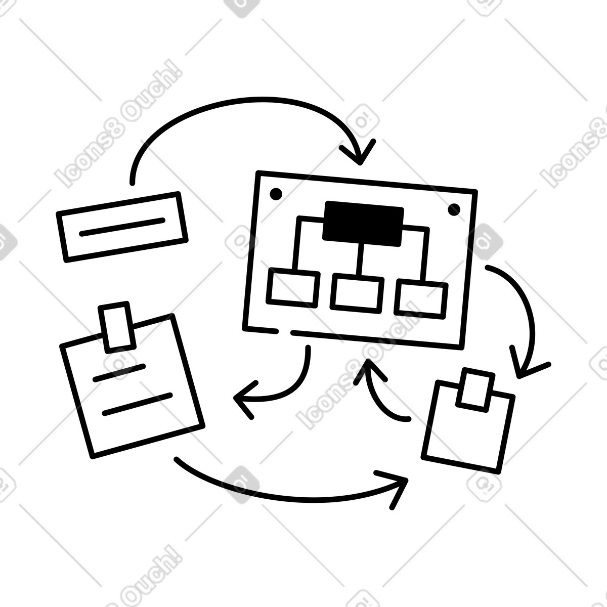 Flowchart planning with sticky notes and arrows indicating workflow illustrazione in stile Notion Line Art scarica in PNG, SVG