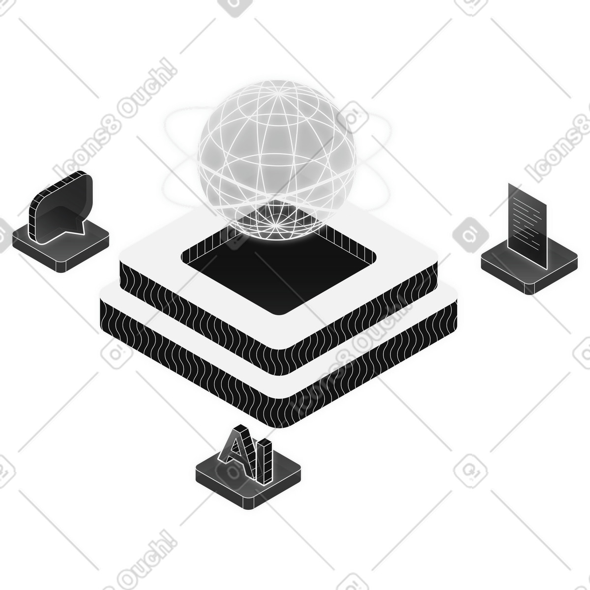 Glowing globe over layered platform, artificial intelligence infrastructure and data processing illustrazione in stile Inverse scarica in PNG, SVG