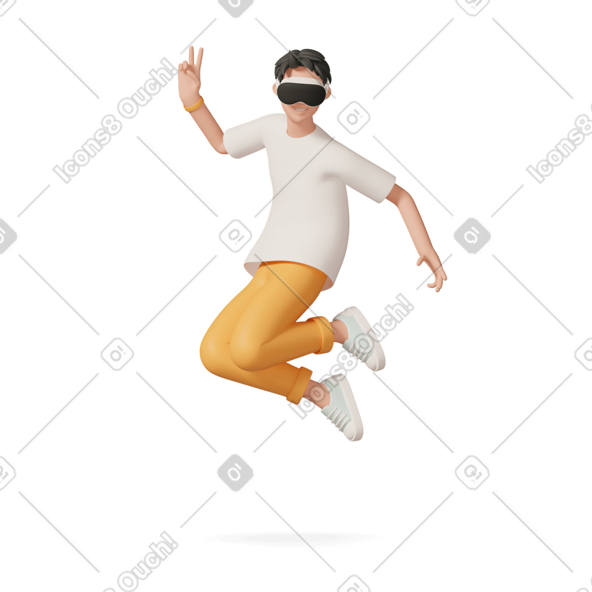 Jumping man in vr glasses shows v-sign-Illustration im 3D Casual life-Stil als Download PNG, SVG