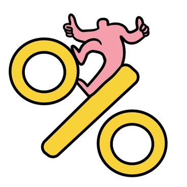 A figure giving a thumbs up on a percentage symbol - Wiggle style illustration