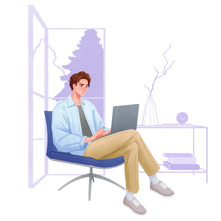 A man sitting in a chair using a laptop - Lifestyle style illustration
