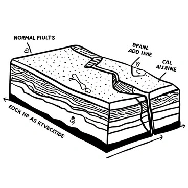 A geological map displayed with distinct layers, showcasing the structure of a "normal fault." The layers are detailed with various textures and patterns representing different rock types. The fault line is clearly marked, illustrating the displacement between the two sides. Additional features such as labels indicating rock formations and a scale bar are present, adding context to the geological information.
