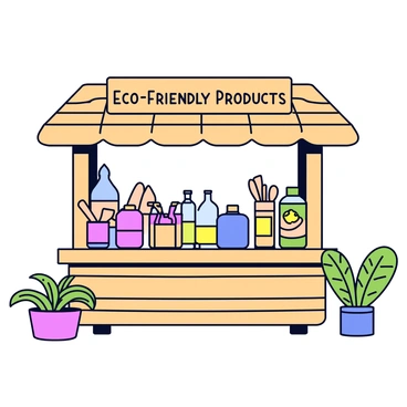 A market stall made of natural wood with a thatched roof. The stall is filled with various eco-friendly and sustainable products, such as reusable shopping bags, glass water bottles, and bamboo utensils. There are colorful labels on each product highlighting their environmentally friendly attributes. In front of the stall, there are potted plants, adding greenery to the display. A sign above the stall reads, “Eco-Friendly Products” in bold, friendly letters. The scene is set outdoors with soft lighting, creating an inviting atmosphere.
