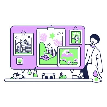 A display board is set up at an art fair. The board features an assortment of illustrations, each representing different styles under the theme of "illustration." In the center, a large piece showcases a whimsical scene filled with vibrant elements. To the left, there is a detailed black and white sketch of a cityscape. On the right, a colorful abstract piece captures attention with flowing shapes. Along the bottom, smaller illustrations depict various subjects such as animals, landscapes, and characters, all connected by a green-and-purple border that outlines the display.