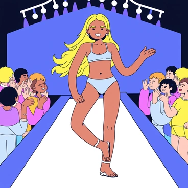 A girl with long, flowing hair is striking a pose on a runway at a swimsuit fashion show. She wears a stylish, colorful swimsuit that stands out under the bright lights. The background features an enthusiastic audience with hands raised, clapping and cheering. The stage is illuminated with vibrant lights that create a lively atmosphere.