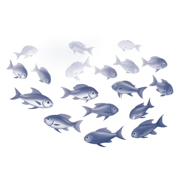 A large school of tropical fish swimming in a synchronized formation through the ocean. The fish exhibit various shapes and sizes, with some showcasing distinctive fins and unique patterns on their bodies. The water is clear, allowing visibility of the fish as they move gracefully in unison, creating a dynamic scene. The fish are positioned at different depths, contributing to the sense of movement and fluidity in the scene.