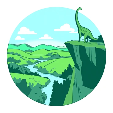 A large green dinosaur is standing on the edge of a steep cliff, its head raised high as it gazes over a vast landscape. Below the cliff, rolling hills stretch out, covered in lush greenery and dotted with clusters of trees. In the distance, a shimmering blue river winds through the terrain, reflecting the sunlight. Fluffy white clouds drift across the sky, casting soft shadows on the colorful scenery. The dinosaur's scales glisten in the light, emphasizing its size and presence against the expansive backdrop.