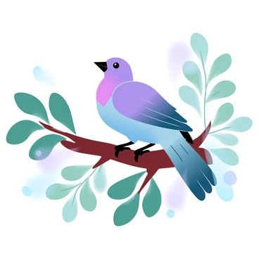 A colorful purple bird is perched on a branch. The bird has vibrant plumage in shades of purple, including various hues that catch the light. The branch is thick and textured, supporting the bird comfortably. Surrounding the branch are lush green leaves that create a rich backdrop. The leaves vary in size and shape, some broad while others are elongated, adding depth to the scene. The overall composition emphasizes the vivid colors of the bird against the greenery.