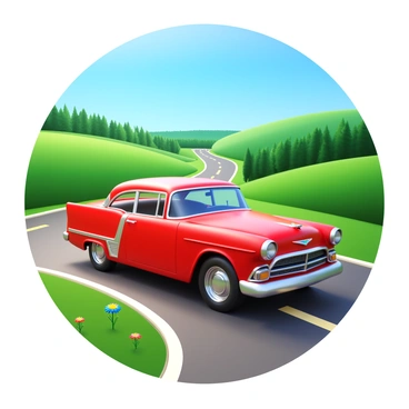A classic vintage car in a bright red color parked on a winding road. The road is surrounded by lush green rolling hills under a clear blue sky. Sunlight casts soft shadows on the car’s polished surface, highlighting its elegant curves and chrome details. A few wildflowers are blooming along the roadside, adding pops of color to the scene. In the distance, a dense tree line borders the hills, creating a serene natural frame around the setting.