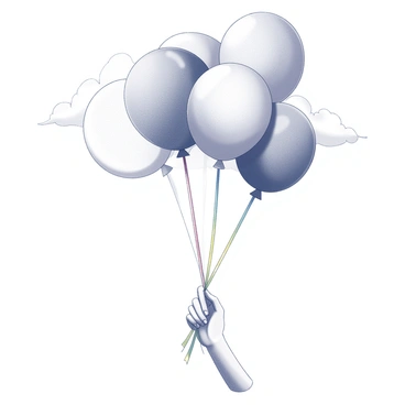 A child's hand is holding a bundle of balloons. The balloons are round and varied in size, with some being tied together by colorful strings. The child's fingers are wrapped around the strings, holding them tightly. The balloons are rising into the sky, creating a sense of upward motion. The background features a vast sky with a few fluffy clouds. The scene captures a moment of joy and excitement as the balloons ascend into the distance.