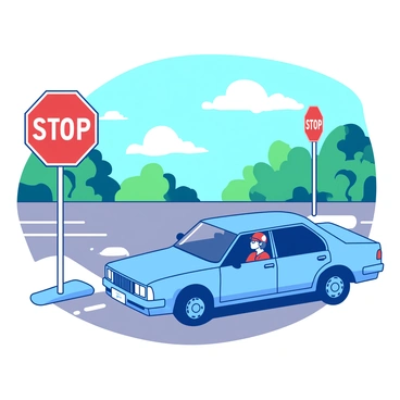 A blue car is approaching a red stop sign, which is prominently displayed on a white pole at the intersection. The car is slowing down as it nears the stop sign, with the driver looking carefully to the left and right for oncoming traffic. After coming to a complete stop, the car is seen waiting for a moment. In the next frame, the driver has checked for safety, and the blue car is beginning to proceed forward, smoothly transitioning from the stop position while the surrounding scenery includes a clear blue sky and green trees in the background.