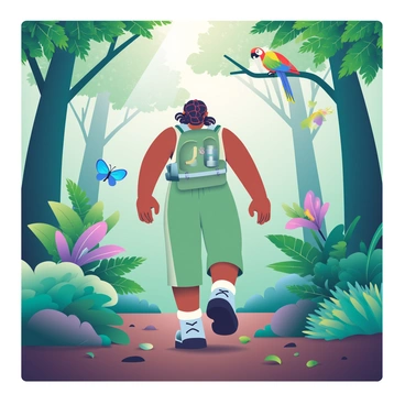 A person with dark skin and braided hair is walking through a dense rainforest. They are wearing a lightweight, green hiking outfit and sturdy boots. Surrounding them are tall trees with thick trunks and vibrant green leaves. Exotic plants with large, colorful flowers and lush ferns can be seen in the underbrush. A bright blue butterfly flutters nearby, and a colorful parrot is perched on a branch above. The ground is covered with rich, dark soil and scattered leaves, creating a vivid contrast with the greenery around. Sunlight filters through the canopy, casting dappled light on the forest floor.