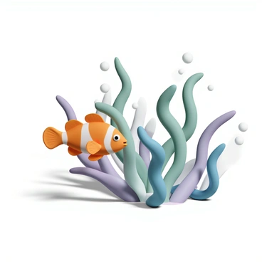 A vibrant clownfish, with bright orange and white stripes, swims playfully among strands of multicolored seaweed. The seaweed, in shades of green, purple, and blue, sways gently in the current, creating a sense of movement. Sunlight filters through the water, illuminating the clownfish and the colorful seaweed, casting soft shadows on the ocean floor. Small bubbles rise around the fish, adding to the serene underwater scene.