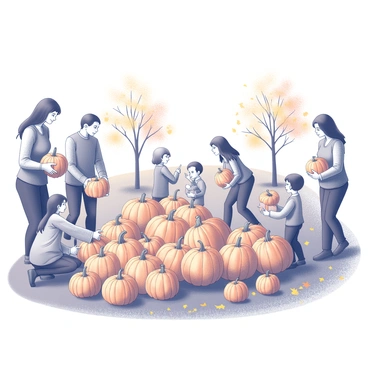 A pumpkin patch filled with numerous pumpkins of various sizes and shapes scattered across the ground. Families are present, with children joyfully selecting pumpkins while adults assist them in making their choices. Some families are kneeling near the pumpkins, examining them closely, while others are standing and pointing at their favorites. The atmosphere conveys a sense of activity, with several people carrying pumpkins of different sizes. The sun is shining brightly overhead, casting shadows on the ground and illuminating the vibrant orange of the pumpkins. Trees with falling leaves are visible in the background, completing the autumn scene.