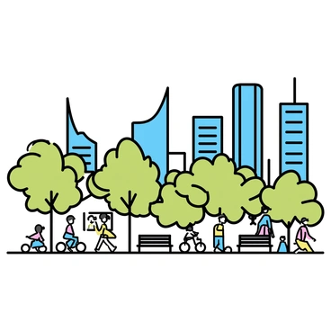 A bustling city scene with tall, sleek modern skyscrapers reaching towards the sky. In the foreground, there are green parks filled with lush trees, providing shade and a vibrant contrast to the urban landscape. People are walking along pathways, enjoying the clean environment. The scene is busy with cyclists and joggers, as well as benches occupied by individuals relaxing and chatting. The buildings reflect sunlight, while the greenery adds a lively touch to the overall atmosphere.