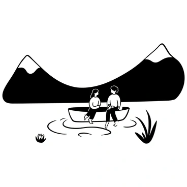 A couple sitting closely in a small boat on a serene lake. The boat is gently floating on the water, with the couple leaning slightly towards each other. Lush mountains rise majestically in the background, creating a dramatic landscape. The sky overhead is clear and expansive. The couple is surrounded by delicate ripples on the water's surface, reflecting the mountainous scenery. There are a few scattered lily pads near the edge of the lake.