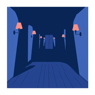 A dimly lit corridor stretches into the distance, with shadows cast by flickering wall sconces. The walls are painted in a muted tone, enhancing the eerie atmosphere. Each wall sconce emits a soft orange glow, contrasting with the deep blue shadows that loom around the edges. The floor is made of dark, polished wood, reflecting the faint light. An air of suspense is palpable as the corridor appears to lead to an unknown destination.