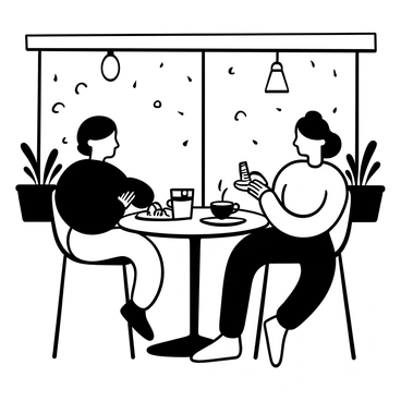 A couple sitting across from each other at a café table with two steaming cups of coffee placed in front of them. The man has a book open on the table, while the woman has a small notebook next to her. There are two plates with half-eaten pastries on the table. The café's décor features hanging light fixtures and potted plants in the background. The couple's hands are resting on the table, with fingers slightly curled around their cups. A window behind them shows a rainy day outside, with raindrops visible on the glass.