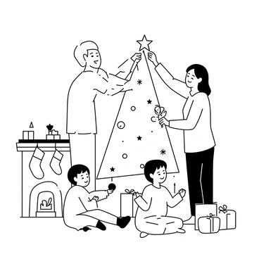 A family gathered in a cozy living room, decorating a Christmas tree together. The tree is tall and adorned with various ornaments, including stars and colorful baubles. A father is placing a shiny star on top of the tree, while a mother is hanging a delicate ornament on a lower branch. Two children are sitting on the floor, one holding a string of lights and the other holding a red ornament, both smiling. The room features a warm fireplace with stockings hanging above it, and there are presents wrapped in festive paper scattered around the base of the tree.