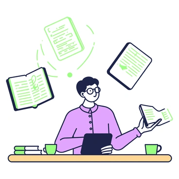 A scholar with glasses is seated at a wooden desk, focused on a tablet in front of them. They are wearing a button-up shirt and have a thoughtful expression. Surrounding them are several floating digital books, each displaying glowing pages with text. Additionally, geometric diagrams are hovering in the air, with lines and shapes clearly visible. The scholar's workspace includes a few open physical books and a cup resting nearby. The atmosphere is filled with a sense of knowledge and exploration.