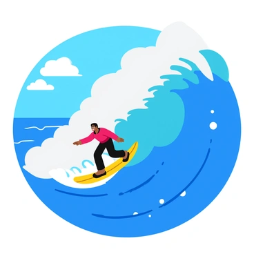 A surfer with a stylish red and black wetsuit expertly rides a giant, crashing wave. The wave towers high with shades of deep blue and frothy white surf. Above, a bright blue sky stretches, dotted with a few fluffy white clouds. The sunlight glints off the water, creating a sparkling effect around the surfer. In the background, the ocean sparkles under the sun, enhancing the vibrant scene.