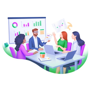 A modern pastel illustration depicting a diverse team of five individuals gathered around a sleek conference table. The first person is a woman with curly black hair wearing glasses and a blazer. Next to her is a man with short brown hair and a blue shirt, actively taking notes on a digital tablet. Across from them sits a woman with straight red hair in a green dress, pointing at a project document. Beside her is a man with a beard and a casual shirt, contributing ideas while gesturing. Finally, there is a woman with long dark hair in a patterned blouse, listening intently. The table is cluttered with laptops, notepads, and coffee cups, creating a lively atmosphere of collaboration. A whiteboard in the background displays colorful charts and graphs related to their project.