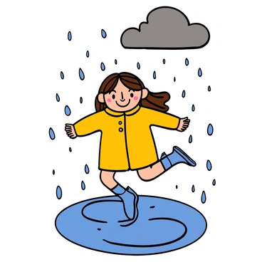 A petite girl with light skin and long brown hair wearing a bright yellow raincoat is joyfully splashing in puddles. She has big eyes and a wide smile on her face, expressing happiness. The raincoat is iconic and glossy, reflecting the light. She is wearing blue rain boots, and droplets of water are flying around her as she jumps into a puddle, creating a playful atmosphere. The surrounding scene features grey clouds and wet pavement, enhancing the sense of a rainy day.