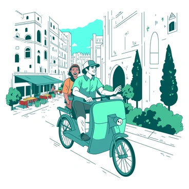 A teal pedicab driven by a determined driver is cycling through an ancient city filled with historical architecture. The driver is wearing a white cap and a bright smile, while behind him, two excited tourists are enjoying the ride, taking pictures of their surroundings. The background features towering stone buildings with intricate carvings and arches, suggesting a well-preserved heritage. A cobblestone path winds through the city, lined with vibrant green plants and small outdoor cafes. The sky above is clear, adding to the lively atmosphere of the scene.