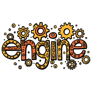A collection of intricate gears and cogs arranged to form the letters spelling "engine." The gears are made of brass and copper, featuring detailed engravings and embellishments. Each letter is composed of various sizes of gears, some interlocking with others, creating a dynamic and mechanical appearance. The background is filled with smaller cogs and mechanical parts, enhancing the steampunk theme of the composition. The overall image conveys a sense of craftsmanship and innovation typical of steampunk design.