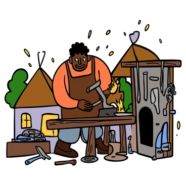 A blacksmith with dark skin and short curly hair stands at a sturdy wooden workbench in a quaint village. He is wearing a leather apron over a long-sleeve shirt and sturdy pants. The blacksmith is focused on shaping a glowing piece of metal with a hammer, sparks flying as he strikes the metal on the anvil. Surrounding him are various metal tools hanging on the walls, and a pile of unshaped metal and tools scattered around the workshop. The village is visible in the background, featuring charming thatched-roof cottages and greenery.