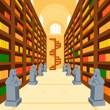 A grand ancient library filled with endless rows of towering wooden bookshelves, each laden with numerous books and scrolls of varying sizes. The library is illuminated by warm, golden light streaming through large arched windows. Stone statues of wise scholars stand vigil throughout the aisles, each intricately carved with detailed features and expressions. The floor is made of polished marble, reflecting the soft glow of the light. In the background, a spiral staircase leads to a second level lined with more shelves.
