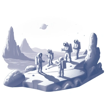 A group of five astronauts in space suits is exploring a distant planet. The astronauts are spread out, examining the unusual terrain, which features towering rock formations and bizarre, twisted vegetation. The landscape includes large craters and deep valleys, giving a sense of depth and alien geography. In the background, an expansive sky is visible, dotted with distant stars and celestial bodies. The astronauts are interacting with the environment, using tools and equipment to collect samples and document their findings.
