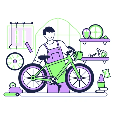 A mechanic with a wide smile is focused on repairing a bicycle in a well-lit workshop. He is wearing a blue apron over a t-shirt, and protective gloves. The bicycle is positioned on a repair stand in front of him, with various tools scattered nearby, including a wrench and a screwdriver. Surrounding the mechanic, there are several bike parts such as wheels, gears, and handlebars neatly arranged on shelves. The workshop is organized, with a bright atmosphere, and a large window allowing natural light to fill the space.