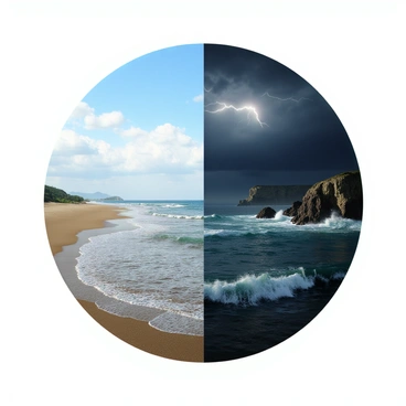 A split seascape depicting two contrasting scenarios. On the left side, there is a calm sea with gentle waves lapping against a sandy shore. The sky is clear with a few white clouds scattered, reflecting soft sunlight. On the right side, the scene transitions into a stormy sea where large, choppy waves crash against rocky cliffs. Dark, ominous clouds fill the sky, and flashes of lightning illuminate the turbulent waters below. The boundary between the two sides is distinct yet seamless, showcasing the stark contrast between tranquility and chaos in nature.
