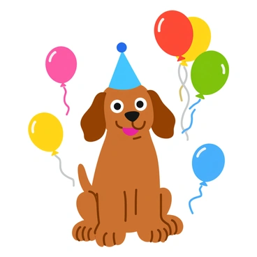 A brown dackel wearing a bright blue party hat sits happily in the center of the image. The dackel has its ears perked up and a joyful expression on its face. Surrounding the dackel are several colorful balloons in shades of red, yellow, green, and blue, floating gently around it. Some balloons are tied together with shiny ribbons, while others appear to be drifting upwards. The scene conveys a festive atmosphere, perfect for a celebration.