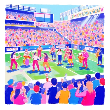 A lively halftime show takes place on a football field. Performers in colorful costumes are dancing energetically, engaging with the cheering audience. There are several musicians playing instruments, including a drummer, a saxophonist, and a guitarist, all contributing to the vibrant atmosphere. A large banner hangs in the background displaying "Halftime Show" in bold lettering. The field is illuminated with bright lights, and the audience is clapping and cheering, creating a dynamic scene filled with energy.