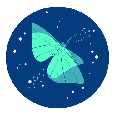 A teal luna moth with large, translucent wings is gracefully flying among small, glowing white stars in the night sky. The wings of the moth are adorned with delicate patterns, reflecting the light of the stars around it. The background is a deep, dark blue, enhancing the brightness of the luminous celestial bodies scattered throughout the scene. The moth glides effortlessly, with its antennae extended, creating a sense of motion as it navigates through the starry expanse.