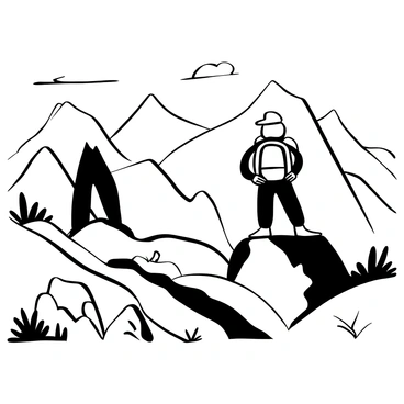 A hiker wearing a backpack stands on a mountain peak, looking out over a vast mountain range in the distance. The mountains are jagged and imposing, with sharp peaks and steep slopes. Below the hiker, rocky terrain and patches of grass are visible, with a winding trail leading back down. The sky is clear, with a few clouds dotting the horizon. The lighting emphasizes the contours of the mountains, creating a dramatic scene of nature's grandeur.