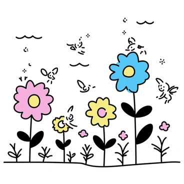 A garden with vibrant, oversized flowers in various colors, towering over the landscape. Each flower has unique shapes and patterns, creating a whimsical atmosphere. Small, playful creatures, including several fairies with delicate wings, are flitting among the flowers. A few rabbits with expressive faces are seen hopping around the garden, interacting with the flowers and fairies. The scene captures a sense of enchantment and joy.