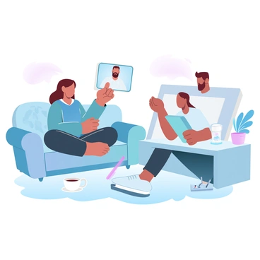 Two friends are engaging in a video call on a tablet. One friend is sitting cross-legged on a cozy couch, wearing a sweater, with a warm blanket draped around their shoulders. The other friend is seated at a desk, surrounded by books and a small plant, wearing a casual t-shirt. The tablet displays a vibrant interface with their faces visible on screen. A steaming cup of tea is placed beside the friend on the couch, while the desk has a colorful notebook and some stationery. Soft light illuminates the room, emphasizing the friendly atmosphere.