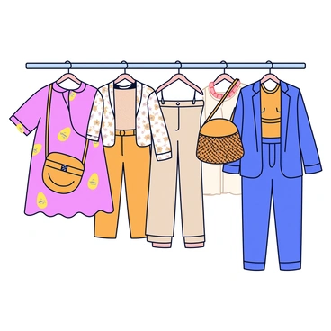 A fashion collection featuring several outfits designed with eco-friendly materials. The collection includes a flowing dress adorned with leaf patterns and earthy tones. There is a pair of trousers made from organic cotton, showcasing a subtle floral print. A stylish jacket with a textured finish is also part of the collection, complemented by a top that features a bamboo motif. Accessories include a simple woven bag and a necklace made from recycled materials. Each outfit is displayed on a minimalist hanger against a plain background.