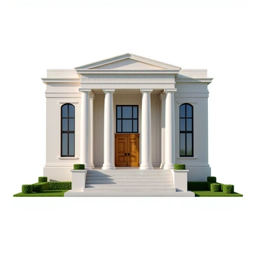 A classic bank building with a symmetrical facade featuring tall, fluted columns supporting a pediment. The columns are made of white marble, gleaming in the sunlight. The grand entrance is accentuated by a large, double wooden door with intricate carvings. Above the door, there is a decorative architrave with ornate detailing. The building is surrounded by a manicured lawn with small hedges lining the pathways. Large windows on either side of the entrance reflect the light, adding to the overall grandeur of the structure.