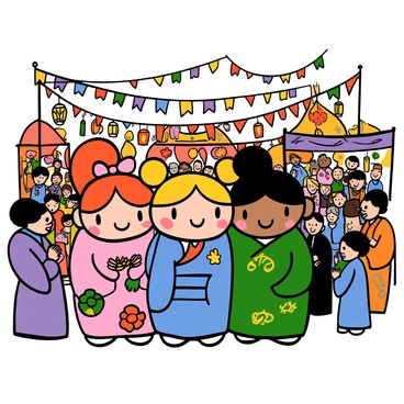 The Powerpuff Girls are standing together at a vibrant cultural festival. Blossom has long red hair tied up with a pink bow, wearing a traditional kimono that features floral patterns. Bubbles has short blonde hair with pigtails, dressed in a blue hanbok adorned with colorful designs. Buttercup has short black hair and is wearing a green saree with gold embroidery. The background is filled with colorful banners, lanterns, and various festival activities, capturing the lively atmosphere. Each of the girls has a joyful expression as they enjoy the festivities, surrounded by people in traditional attire.