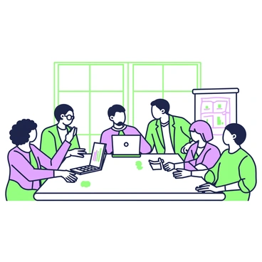 A group of diverse business people is gathered around a large conference table. In the center of the table, there are several open laptops displaying graphs and data related to interstate commerce strategies. To the left, a woman with curly hair and glasses is pointing at a chart on her laptop while discussing ideas. Next to her, a man with short hair is taking notes on a notepad. On the right side of the table, a woman with straight hair is seated, examining documents. A man with a beard is listening attentively while leaning forward, and a woman wearing a blazer is leading the discussion, making notes on a whiteboard behind her. The room has large windows allowing natural light to fill the space.