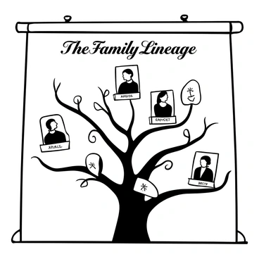 A family tree displayed prominently on an illustration board, with branching lines connecting individual framed portraits of ancestors. Each frame showcases a different portrait, depicting various ancestral figures in formal poses. The portraits are elegantly arranged, with decorative swirls and flourishes enhancing the design. The board is positioned against a simple wall, adding to the art gallery ambiance. A title label at the top reads "The Family Lineage" in a decorative font.