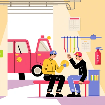 Inside a fire station, two firefighters are sitting on a red bench, relaxing after a long shift. One firefighter is polishing a shiny yellow helmet while the other is using a cloth to clean a large red fire truck parked beside them. The walls of the station are adorned with various firefighting posters and a large calendar. In the background, a row of fire hoses is neatly coiled on a rack, and a bright red fire extinguisher is mounted on the wall. Sunlight streams through the open garage door, illuminating the scene with a warm glow.