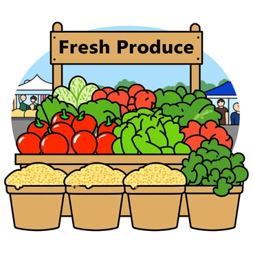 A vibrant farmers market stall featuring an array of colorful baskets filled with fresh fruits and vegetables. There are bright red tomatoes, shiny green peppers, and bunches of leafy greens, all arranged attractively. Several baskets of golden grains spill slightly over the edges, showcasing their texture. On the stall, a wooden sign displays the words "Fresh Produce" in bold letters. The background shows a blue sky and hints of other market stalls in the distance, creating a lively atmosphere.