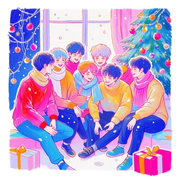 A group of seven young men, all members of BTS, are gathered together, each wearing festive attire that includes colorful sweaters and cozy winter scarves. They are smiling and laughing, surrounded by various holiday decorations such as twinkling string lights, ornaments, and a decorated Christmas tree. Snowflakes gently fall around them, creating a wintry atmosphere. The ground is covered in a light dusting of snow, and in the background, there are presents wrapped in shiny paper and ribbons.