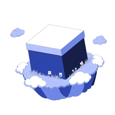 A black box resting on a small floating island surrounded by puffy clouds