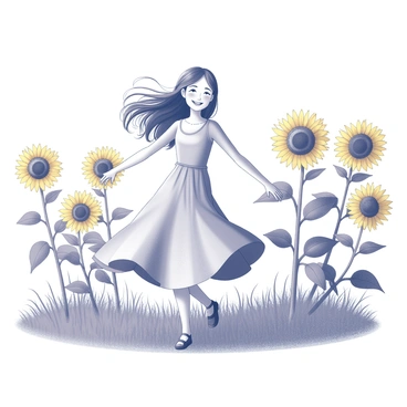 A girl with long flowing hair is dancing joyfully in a field filled with tall sunflowers. She wears a light, flowing dress that moves with her as she twirls. Her arms are outstretched, and her expression reflects pure happiness. The sunflowers surround her, their large heads turning towards the sky, creating a vibrant backdrop. The scene captures the movement of her dance and the gentle sway of the flowers in the breeze.
